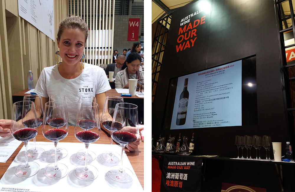 Left: Lieke van der Hulst pictured behind 8 glasses of red wine set for a blind tasting. Right: Sign at ProWine China 2018 'Australian Wine made our way' featuring a bottle of Kay Brother 2015 Block 6 Shiraz